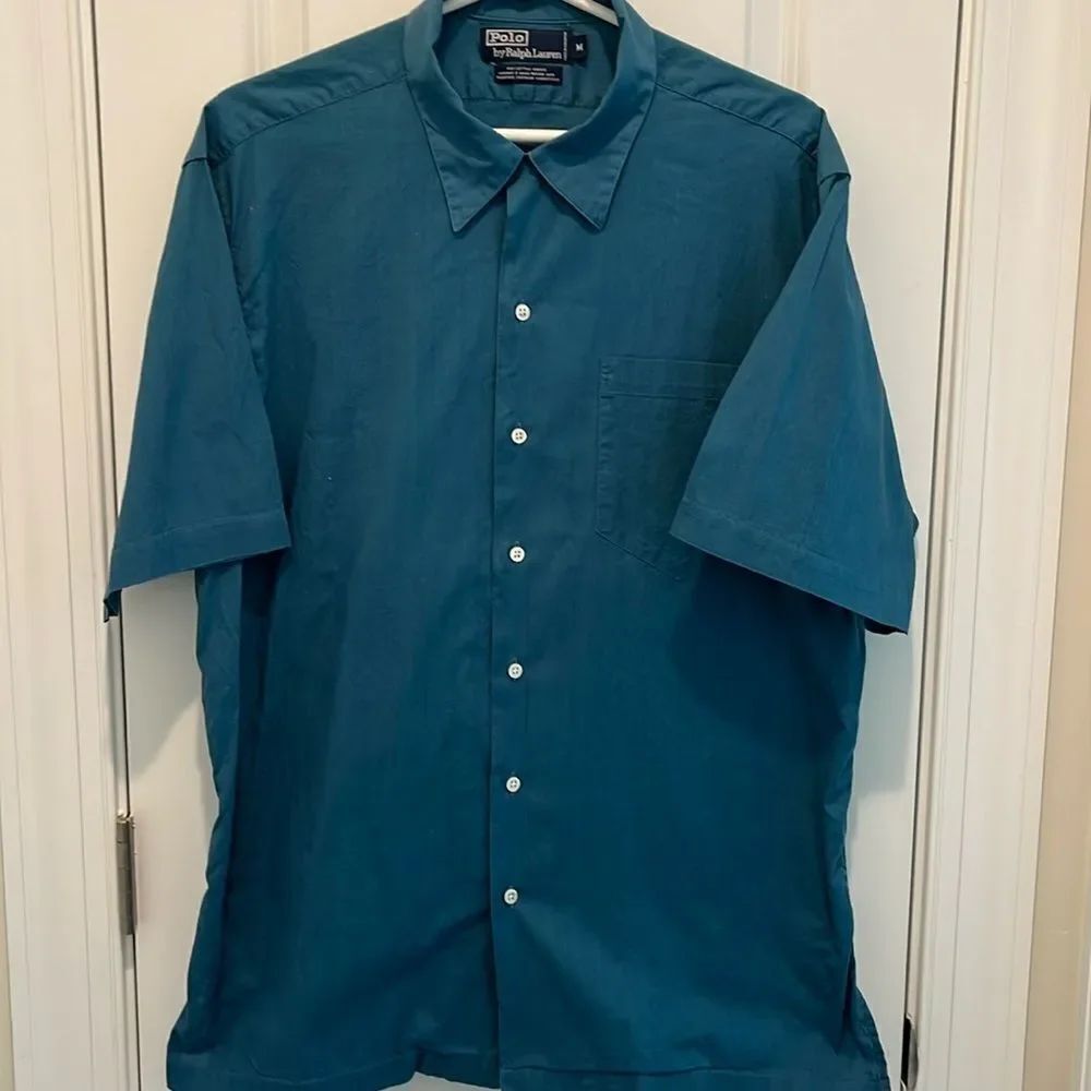 Ralph Lauren solid color madras Hawaiian Casual Polo Pocket Shirt Luau Hawaii M
